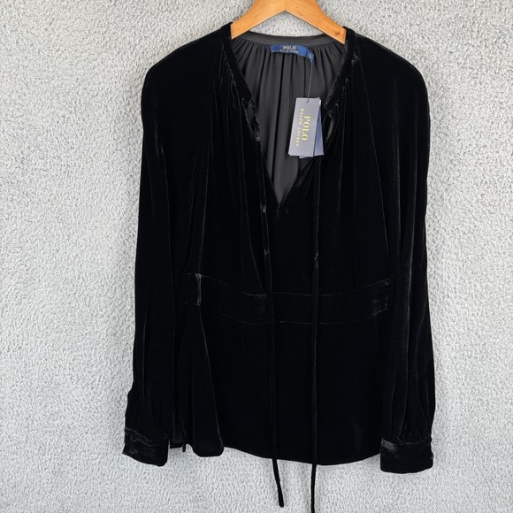 Polo Ralph Lauren Velvet Top Size 6 Black Long Sleeve Side Zip Neck Tie NEW
